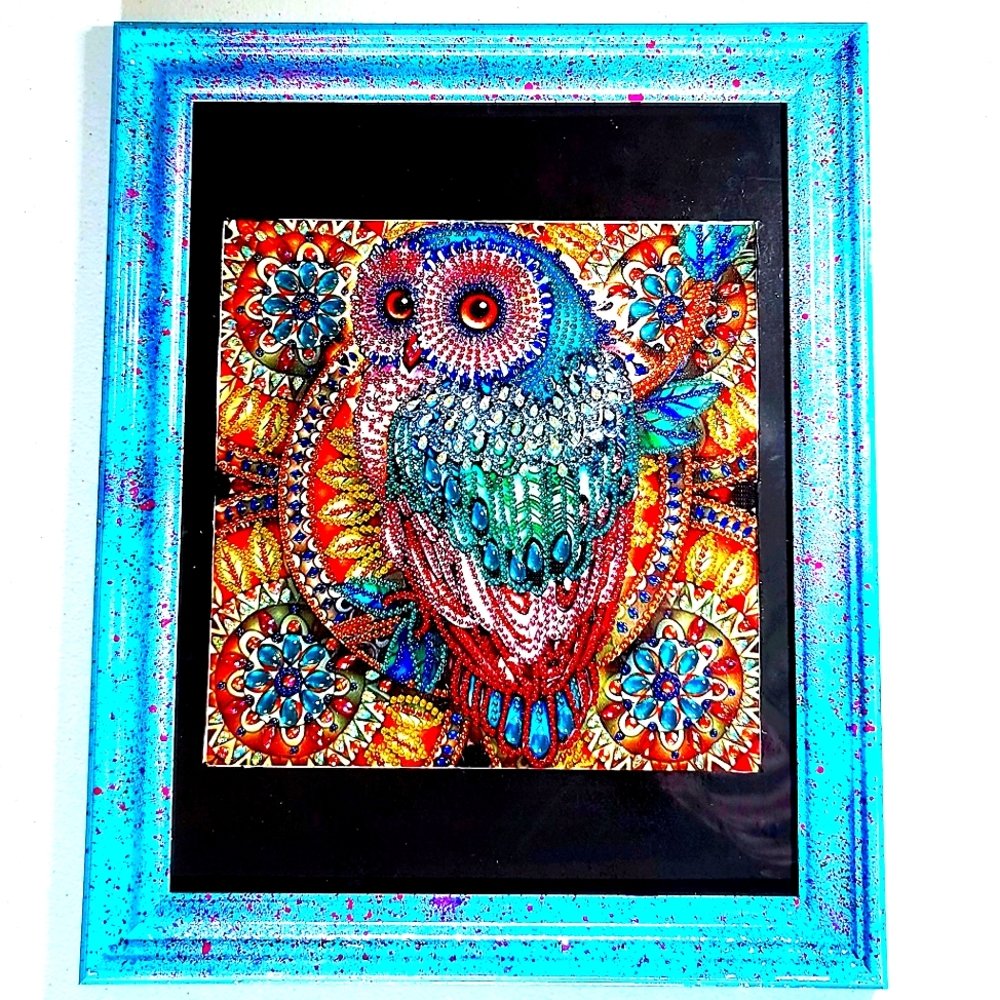 Custom Diamond Art Painting Owl 16"x13" Teal and Pink Frame